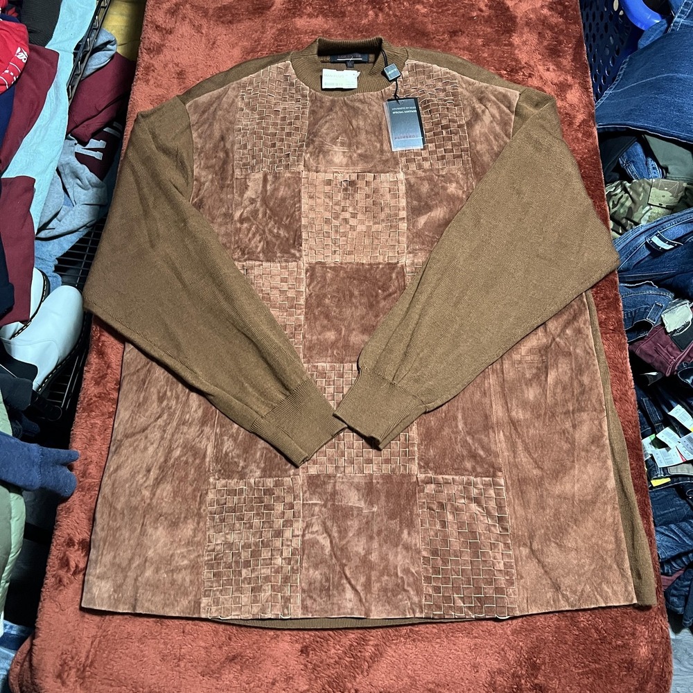 Lorenier Sweater Mens XXL Copper Suede Patchwork Mock Neck Special Edition 1901